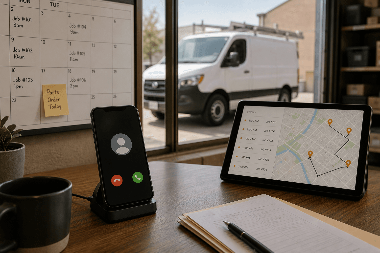 AI phone receptionist books the job while the dispatch board stays in sync.