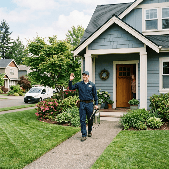 A plumber walking toward a residential home with tools, answering a customer call